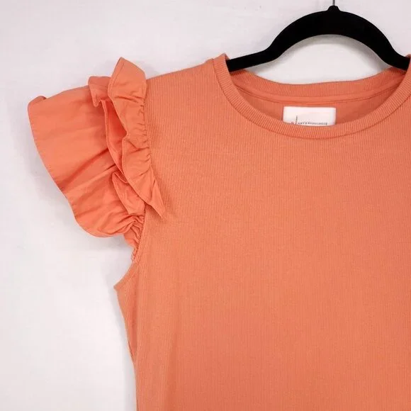 Anthropologie Ribbed Top Size Medium Ruffle Short Cap Sleeve Round Neck Blouse - Picture 8 of 12